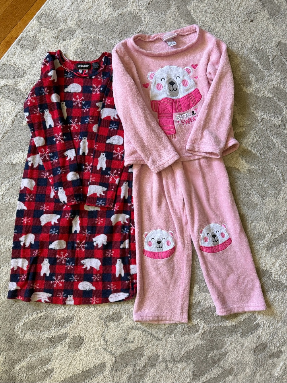 Joe Boxer Girls Pink Polar Bear Pajama Set with Red Plaid Nightgown